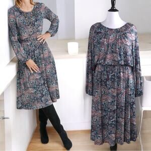 NWOT Talbots Bright Paisley Smocked Fit & Flare Dress Size Large Petite LP $169